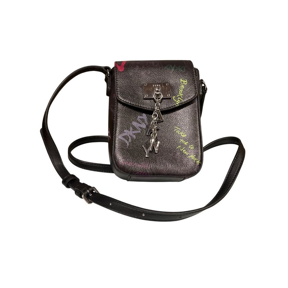DKNY w/ Charm Small Crossbody Bag Graffiti Design Black Cleo Phone